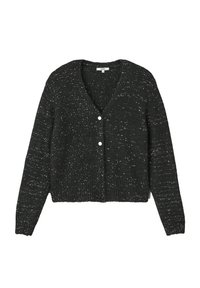 Cardigan noir à col en V, présentant un tricot texturé, de petites taches blanches et une fermeture à boutons à l'avant. Manches longues avec poignets côtelés.
