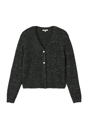 Cardigan noir à col en V, présentant un tricot texturé, de petites taches blanches et une fermeture à boutons à l'avant. Manches longues avec poignets côtelés.