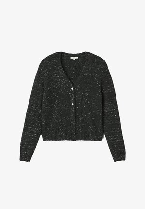 Cardigan noir à col en V, présentant un tricot texturé, de petites taches blanches et une fermeture à boutons à l'avant. Manches longues avec poignets côtelés.