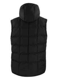 Schwarze Steppweste mit strukturiertem, ge quiltet Design und Kapuze. Verfügt über eine glatte Textur und abgerundeten Saum. Keine sichtbaren Verschlüsse.