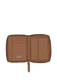 Brown leather wallet with a zip closure. Interior features multiple card slots and a textured surface. Logo embossed inside.