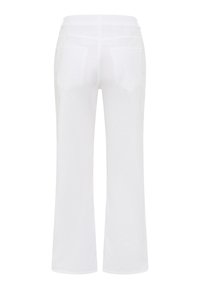 Weiße Hose mit weitem Bein, elastischem Bund und zwei Gesäßtaschen. Hergestellt aus einem leichten Stoff mit glatter Textur.