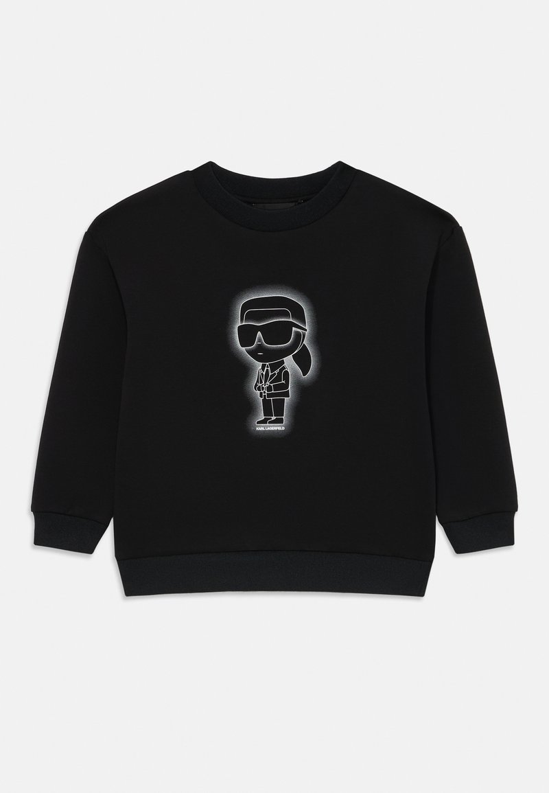 Sweatshirt preto com gola redonda, apresentando um gráfico central branco de um personagem com óculos de sol e fato. Textura suave, punhos e barras ribadas.