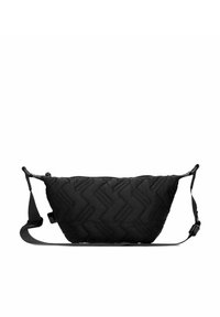 Bolso tipo bandolera negro acolchado con un patrón geométrico, correa ajustable y cierre con cremallera. Tejido texturizado y forma curvada para un aspecto moderno.
