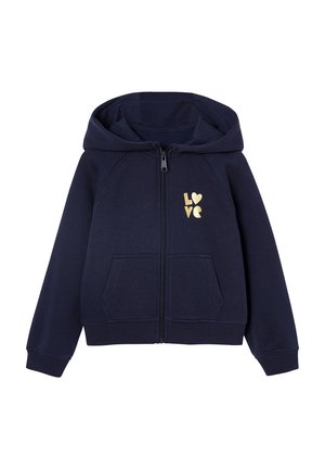 Dunkelblaues Zip-Hoodie aus weichem Stoff mit einer Kängurutasche und goldbedrucktem Text "LOVE" auf der oberen linken Seite.