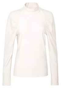 Top de manga larga y cuello alto en color crema con detalles fruncidos en los hombros, tejido suave y una silueta ajustada. Sin gráficos ni patrones visibles.