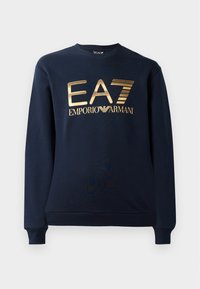 Navy blue sweatshirt made of cotton blend, featuring a large metallic gold logo "EA7 EMPORIO ARMANI" on the front. Ribbed cuffs and neckline.
