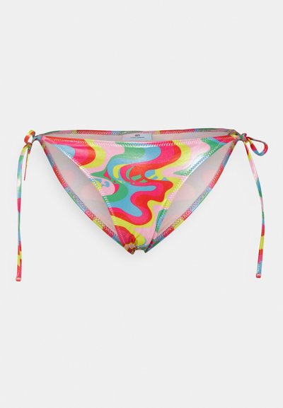 Mnohobarevné bikiny s psychedelickým vlnkovým vzorom, vyrobené z lesklého, ľahkého materiálu; obsahujú nastaviteľné bočné šnúrky na prispôsobenie.