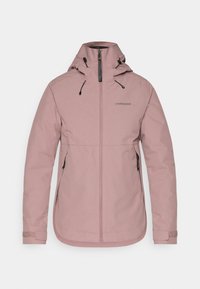 Roze waterdichte jas met een ritssluiting aan de voorkant, verstelbare capuchon en elastische manchetten. Bevat een logo op de borst en twee zijzakken. Glad textuur.