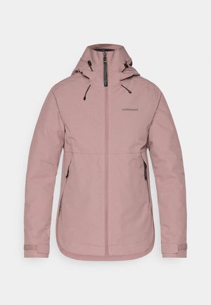 Roze waterdichte jas met een ritssluiting aan de voorkant, verstelbare capuchon en elastische manchetten. Bevat een logo op de borst en twee zijzakken. Glad textuur.