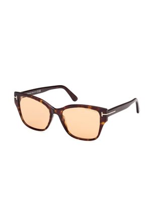 Tortoiseshell sunglasses with square lenses and light orange tint. Features include metal accents on the temples and a thick, glossy frame.