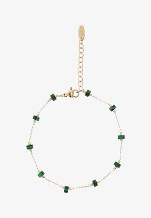 Brățară delicată cu lanț auriu și mărgele verzi dreptunghiulare mici, dispuse uniform, închizătoare și lanț extensibil reglabil cu etichetă de marcă.