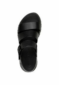 Schwarze Sandale mit breiten Riemen, einer strukturierten Fußbett und einer gepolsterten Sohle mit leichtem Absatz und Schnallenverschluss.