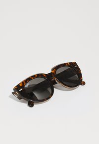 Konnimehistega cat-eye prillid tumedate läätsedega, julge raamiga, Ray-Ban logo läätsel ja ümarate otsadega, mis näitavad läikivat viimistlust.