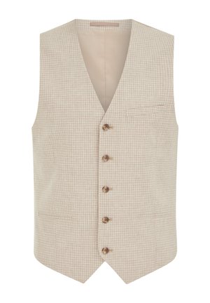 Béžová károvaná formálna vesta s piatimi drevenými gombíkmi a tromi prednými vreckami, s úpravou výstrihu do tvaru V.