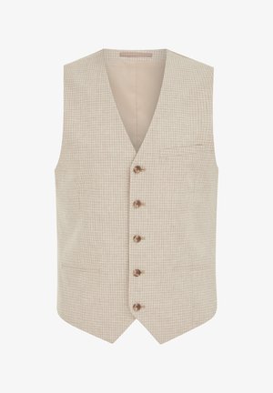 Béžová károvaná formálna vesta s piatimi drevenými gombíkmi a tromi prednými vreckami, s úpravou výstrihu do tvaru V.