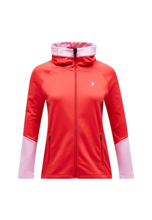 Giacca rossa con zip e colletto alto, dettagli rosa sulle maniche, logo sul petto e due tasche laterali. Tessuto liscio ed elastico.