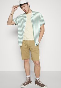 Kurzarm, grün-weiß gestreiftes Hemd über einem beigen T-Shirt, kombiniert mit khakifarbenen Shorts und braunen High-Top-Sneakern.