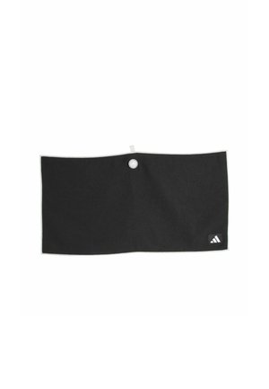 Czarny prostokątny ręcznik sportowy z logo Adidas i małym okrągłym otworem blisko górnego środka do zawieszenia.