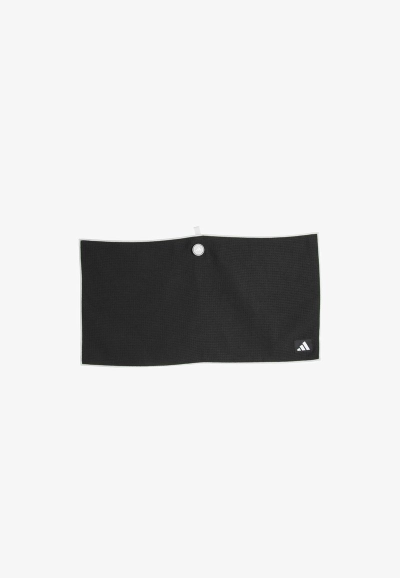 Serviette de sport rectangulaire noire avec le logo Adidas et un petit trou circulaire près du centre supérieur pour l'accrocher.