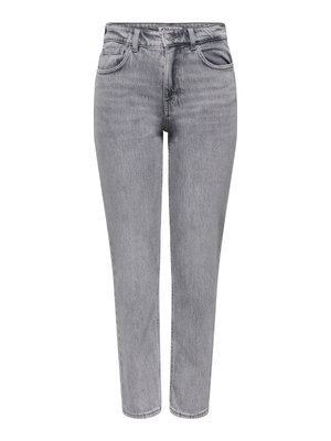 Hallid teksad, kõrge vöökohaga, sirge säärega, viie taskuga ja klassikalise nööbi ning tõmblukuga sulgumisega. Kergelt kulunud tekstuur.