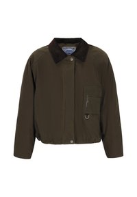 Jachetă bomber de culoare verde măslin, cu guler din catifea maro, buzunar frontal cu fermoar și tiv elastic, având o textură subtilă și netedă.