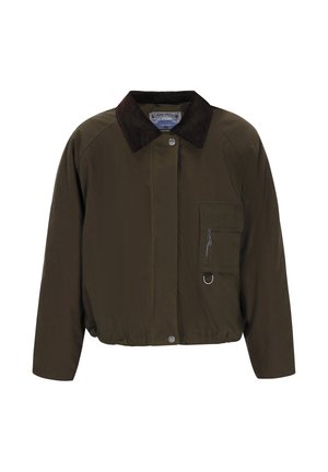 Olijfgroen bomberjack met een bruine ribfluwelen kraag, een voorvak met rits en een elastische zoom, met een subtiele, gladde textuur.