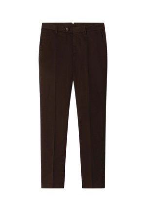 Ciemnobrązowe spodnie damskie o prostych nogawkach, z szlufkami na pasek, guzikiem z przodu, zamkiem błyskawicznym oraz bocznymi kieszeniami.