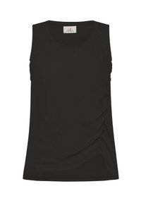 Černý top bez rukávů s kulatým výstřihem, se staženými detaily po stranách a hladkým, jemným materiálem. Jednoduchý design, bez vzorů.