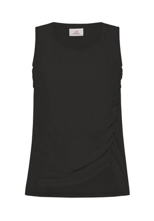 Černý top bez rukávů s kulatým výstřihem, se staženými detaily po stranách a hladkým, jemným materiálem. Jednoduchý design, bez vzorů.