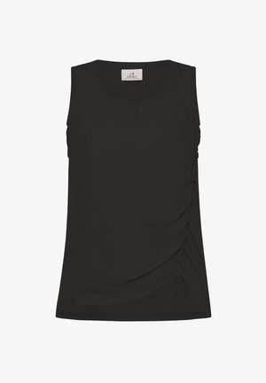 Top senza maniche nero con scollo rotondo, caratterizzato da dettagli laterali arricciati e una texture morbida e liscia. Design semplice, senza motivi.