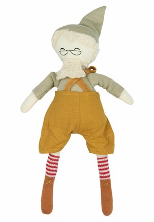 Weiche Stoffpuppe mit beiger Haut, Brille und weißem Bart. Trägt einen grünen Hut, ein graues Shirt, senfgelbe Shorts und gestreifte rot-weiße Socken.