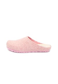 Zoccoli in feltro rosa con punta arrotondata, tomaia testurizzata e una morbida suola in gomma rosa. Design semplice e privo di cuciture, senza accessori né fantasie.