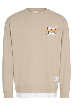 Beige sweatshirt met lange mouwen, voorzien van een grafische print in wit en oranje. Inclusief een logo label aan de onderzijde rechts.