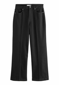 Zwarte denim broek met hoge taille en rechte pijpen, voorzien van twee voorzakken en hardware in zilverkleur. Gladde structuur over het geheel.