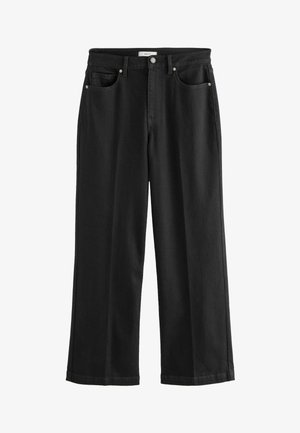 Zwarte denim broek met hoge taille en rechte pijpen, voorzien van twee voorzakken en hardware in zilverkleur. Gladde structuur over het geheel.