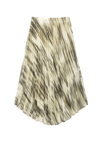 Falda plisada en un patrón de color crema, beige y oliva. Fabricada con un tejido ligero, presenta rayas verticales y una textura suave.