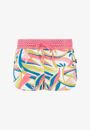 Mehrfarbige Shorts mit einem rosa gehäkelten Bund, Kordelzug, seitlichen Taschen und einem tropischen Blattmuster in Grün, Blau und Pink.