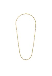 Gold chain necklace with elongated links. Smooth texture, uniform yellow color, and a secure clasp. Simple, elegant design.