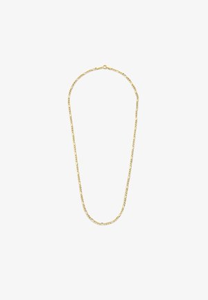 Gold chain necklace with elongated links. Smooth texture, uniform yellow color, and a secure clasp. Simple, elegant design.