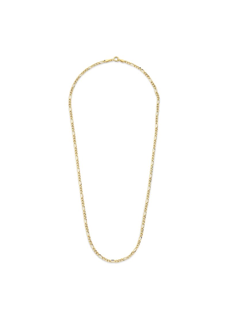 Gold chain necklace with elongated links. Smooth texture, uniform yellow color, and a secure clasp. Simple, elegant design.