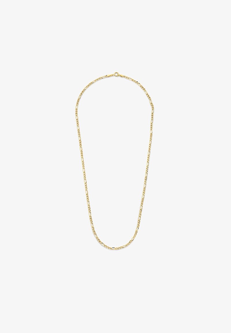 Gold chain necklace with elongated links. Smooth texture, uniform yellow color, and a secure clasp. Simple, elegant design.