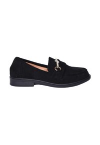 Mocassini in suede nero con punta arrotondata, suola piatta in gomma e dettaglio in metallo decorativo sulla parte superiore.