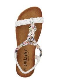 Witte gevlochten sandalen met een bloemdessin op de teenband en rosegouden accenten, met een gestructureerde bruine inlegzool en een plat zoolontwerp.