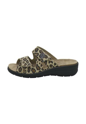 Leopard print open-toe slip-on sandal with dual adjustable straps and cushioned black sole.