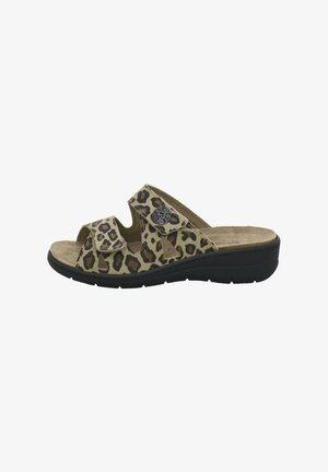 Leopard print open-toe slip-on sandal with dual adjustable straps and cushioned black sole.