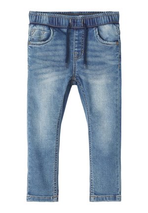 Jean en denim délavé bleu clair avec taille élastique et cordon de serrage, poches avant et arrière, coupe slim, taille enfant.
