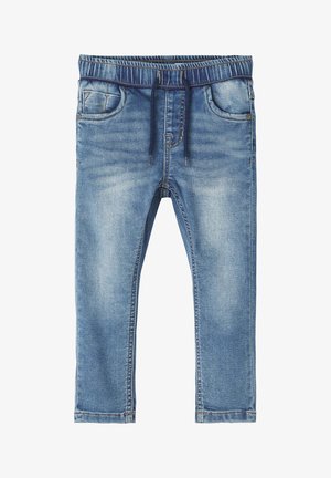 Jean en denim délavé bleu clair avec taille élastique et cordon de serrage, poches avant et arrière, coupe slim, taille enfant.