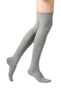 Gray knee-high socks made from a soft, stretchy material with a smooth texture and ribbed cuff at the top, featuring no patterns or accents.