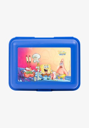 Blaue Plastikbrotdose mit einem bunten Grafikdesign von Cartoons, einschließlich SpongeBob und seinen Freunden, auf dem Deckel.